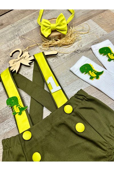 Feriatolye Dinosaur Concept Khaki and Light Green Romper Salopette for Baby Boy Birthday