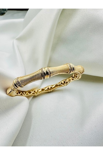 Adel Gold 14 Ayar Altın Kadın Taslı Kumlu Bambu Kemik Şekli Kelepce Bilezik-2...