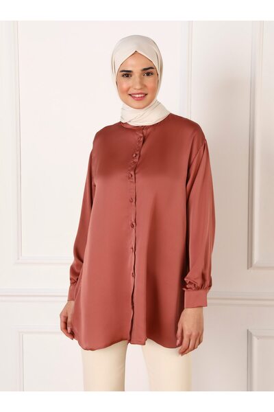 Refka Buttoned Wide Fit Satin Tunic - Caramel - Refka