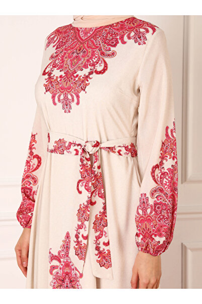 Refka Ethnic Patterned Balloon Sleeve Hijab Dress - Cherry - Refka