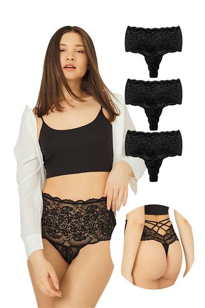 Cottonhill Lace Elastic Detailed High Waist Women's Thong 3 Pack Panties - 3