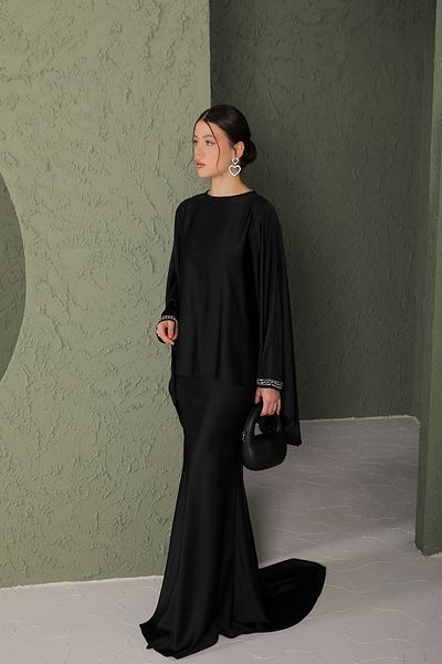 Melike Tatar BLACK Sleeve Jewelled Skirt Suit 32-2054-1