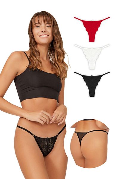 Cottonhill Lace Front Tulle Detailed Women's Thong 3 Pack Panties - 2