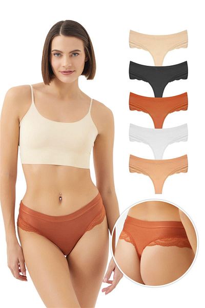 Cottonhill Lace Detailed Micro Satin Women's Thong Panties 5-Pack