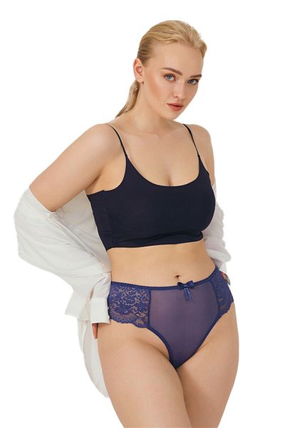 Cottonhill Dark Cobalt Lace Tulle Detailed Plus Size Women's Brazilian Panties