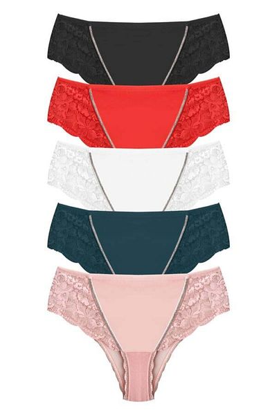 Cottonhill Chiloți de bikini pentru femei de mărime mare cu tul transparent și dantelă, pachet de 5