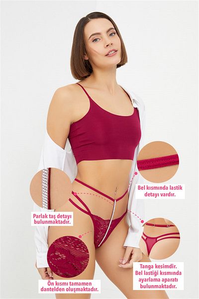 Cottonhill Adjustable Elastic Women's Thong Panties with Cherry Lace and Stone Detail