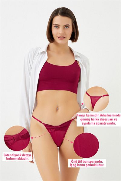 Cottonhill Cherry Transparent Tulle Satin Detailed Adjustable Elastic Women's Thong Panties