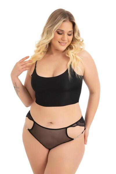 Cottonhill Transparan Tüllü Dantel ve Zincir Detaylı Büyük Beden Kadın Bikini Külot 5'li Paket