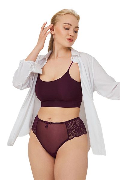 Cottonhill Plum Lace Tulle Detailed Plus Size Women's Brazilian Panties