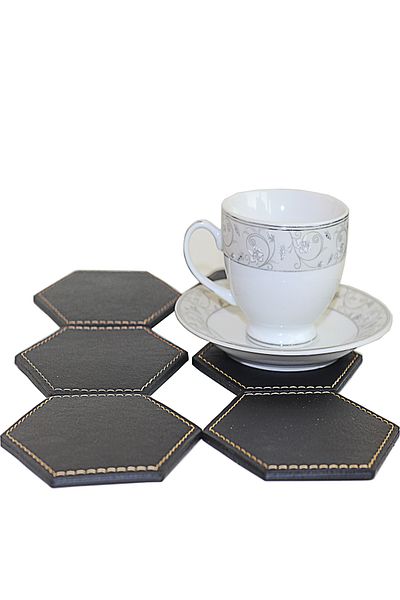 Arkem Leather Coaster Hexagonal Corner Stitched Elite Product 6 Pieces Black Color