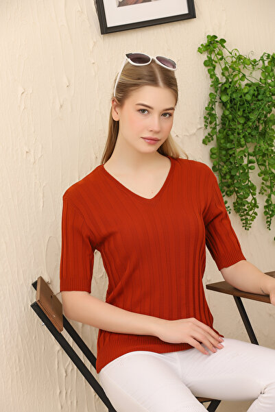 ALCHON V Yaka Kısa Kollu Fitilli Yazlık Esnek Triko Badi Bluz