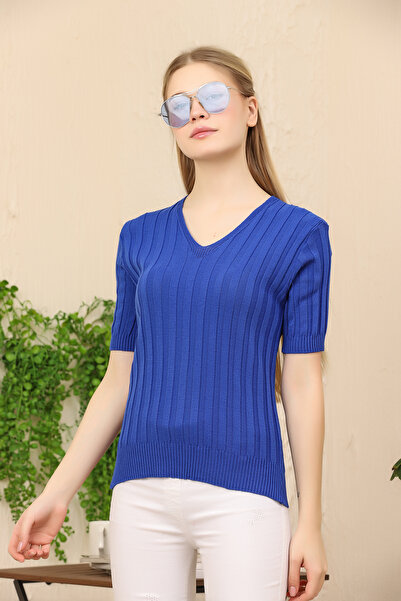 ALCHON بلوزة بادي صيفية قابلة للتمدد بأكمام قصيرة ورقبة على شكل حرف V