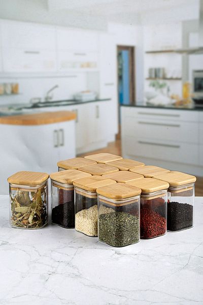 MadaMelya 12 Pieces Bamboo Lid Square Thermal Spice Jar 6x8cm 12 Pieces Vacuumed Lid