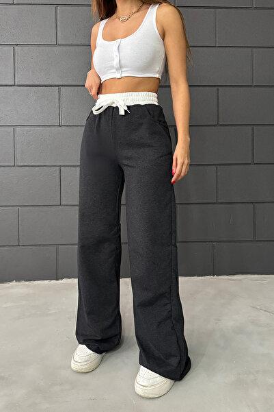 Eva Sunset Kadın Antrasit Iki Iplik Beli Lastikli Oversize Bol Paça Eşofman Altı