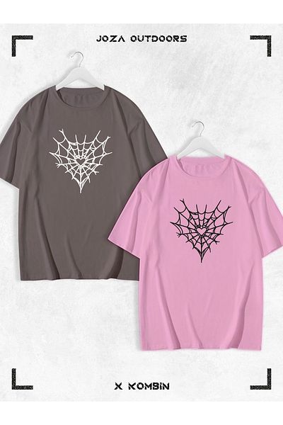 Joza Outdoors Γυναικείες άντρες Unisex Spider Web με στάμπα Lover Couple Combination Oversize πολύχρωμο μπλουζάκι Σετ 2 τεμαχίων