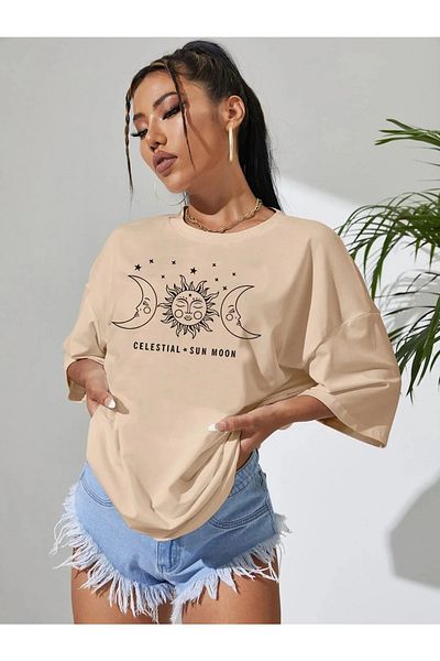 Modern Moda Светлокафява огромна тениска с щампа на минимално сърце
