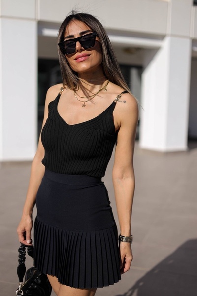 MELEK KOSTAK Double Fabric Pleated Mini Black Skirt Pleated Skirt