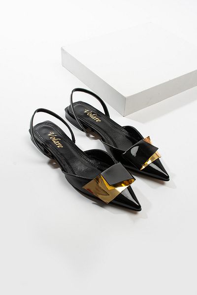 volarescarpe Women's Black Patent Leather Pointed Toe Gold Detailed Ballet Flats Angela