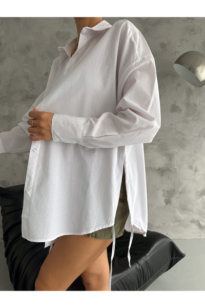 BE CHİC CAMASĂ LUNGA OVERSIZE DE BRODERIE PENTRU FĂMĂ DETALII SUR LATERALĂ PREMIUM POPLIN MDA44587