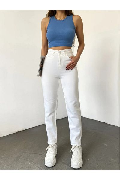 TugsatTasarTekstil Pantaloni albi din lycra cu talie înaltă Boyfriend Mom Jean pentru femei