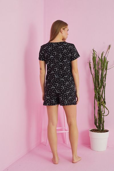 Siyah İnci Black moon patterned Cotton Shorts-Pajamas Set