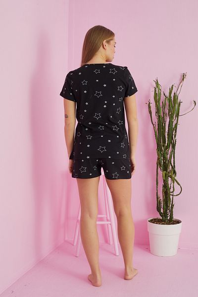 Siyah İnci Black star patterned Cotton Shorts-Pajamas Set