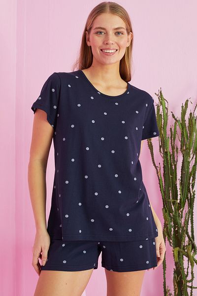 Siyah İnci Navy blue point patterned Cotton Shorts-Pajamas Set