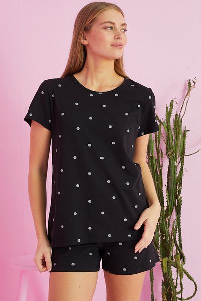 Siyah İnci black point patterned Cotton Shorts-Pajamas Set