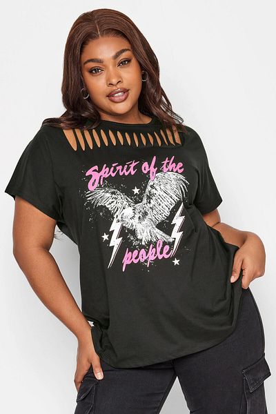 Stil Diva Large Size Crew Neck Cut Detail Printed Short Sleeve T-shirt321123