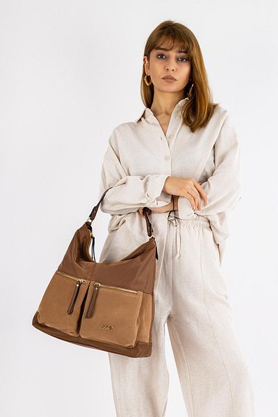 Getcho Aspen Camel Genuine Leather Suede Women's Shoulder Bag Large Size Stylish Model with Large Volume Zippered Pocket