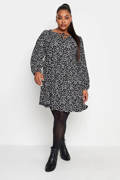 Stil Diva Plus Size Floral Print Long Sleeve Short Dress with Tie Collar Detail302750