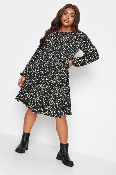 Stil Diva Plus Size Long Sleeve Short Dress with Tie Collar Detail137627
