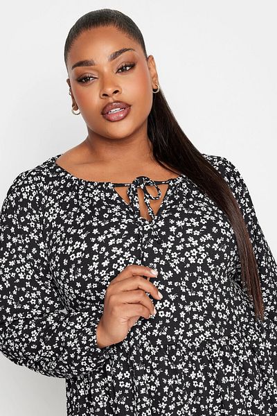 Stil Diva Plus Size Floral Print Long Sleeve Short Dress with Tie Collar Detail302750