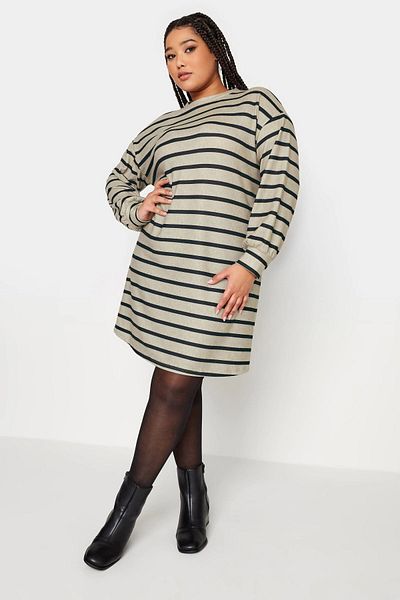 Stil Diva Plus Size Crew Neck Long Sleeve Striped Short Dress302882