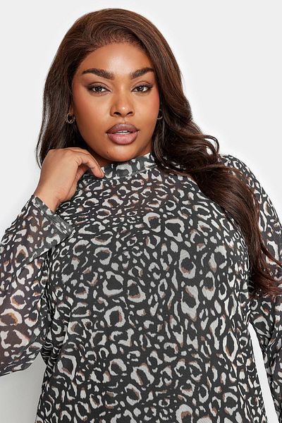 Stil Diva Plus Size Neck Collar Sleeves Tulle Detailed Lined Leopard Print Blouse302698