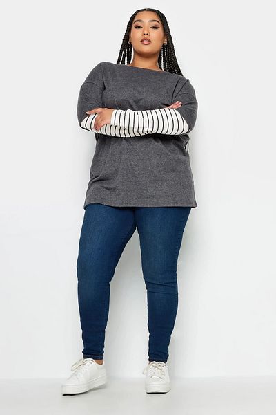 Stil Diva Large Size Crew Neck Double Layer Sleeves Striped T-shirt302764