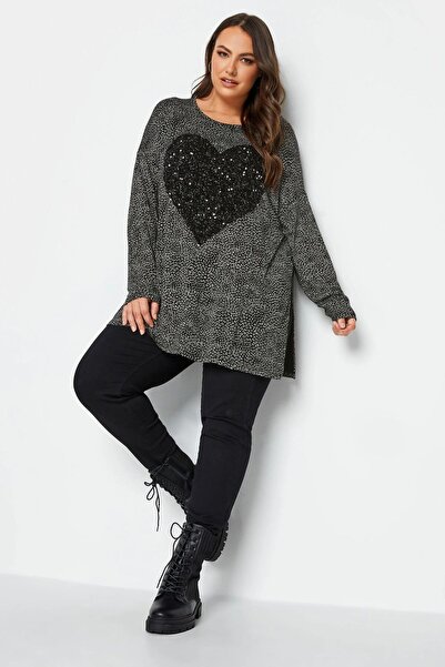 Stil Diva Plus Size Slit Detailed Polka Dot Sequined Long Sleeve Crew Neck Blouse302497