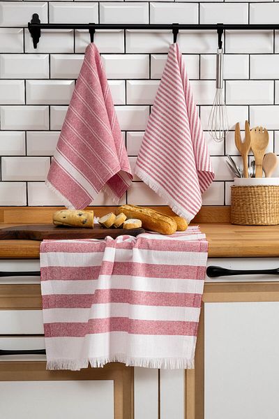 Denizli Concept Red and White Striped 3-Piece Drying Cloth - Eliza Multi-Purpose Cloth/Napkin - 45X65Cm
