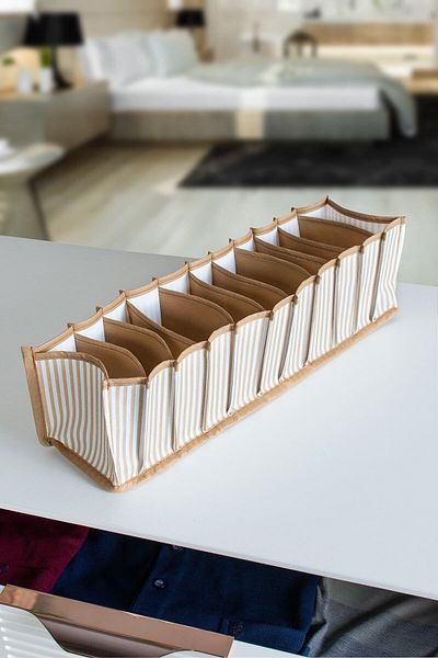 Serstil Μπεζ ριγέ Organizer 11 Διαμερισμάτων - Μικρό - 11 X 41 X 12 cm