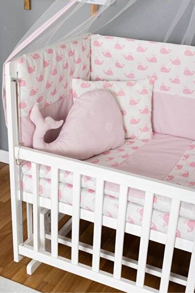 Bamgidoo Ahşap Beşik Anne Yanı Bebek Beşik Beyaz 70x130 - Pembe Balina Uyku Seti Yataklı