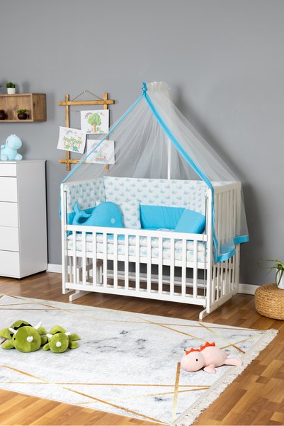 Bamgidoo Ahşap Bebek Beşik Anne Yanı Beşik Beyaz 70x130 - Mavi Balina Uyku Se...
