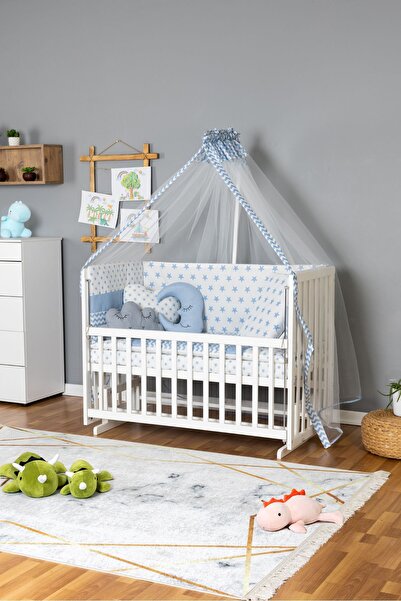 Bamgidoo Ahşap Bebek Beşik Anne Yanı Doğal Beşik Beyaz 70x130 - Mavi Yıldız 3...