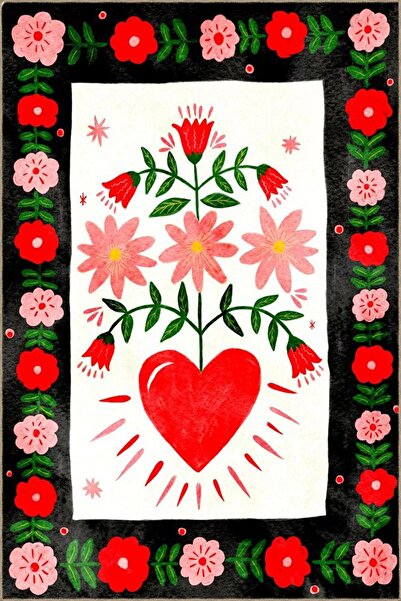 Rugs Modern Halı Черно-бял килим с десен на сърца и цветя 3720