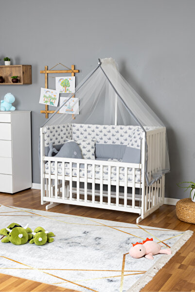 Bamgidoo Ahşap Bebek Beşik Anne Yanı Doğal Beşik Beyaz 70x130 - Gri Balina Uy...