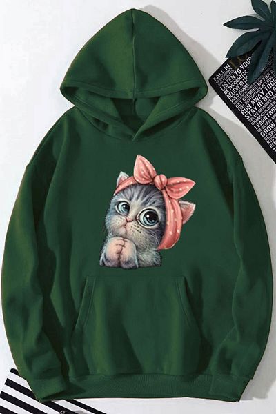 Medinenur Χαριτωμένο γυναικείο φούτερ με στάμπα Cat - Hooded