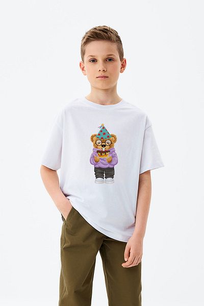 ADABEBEK Tricou pentru băiat cu imprimeu ursuleț de pluș cu tematică tort de aniversare
