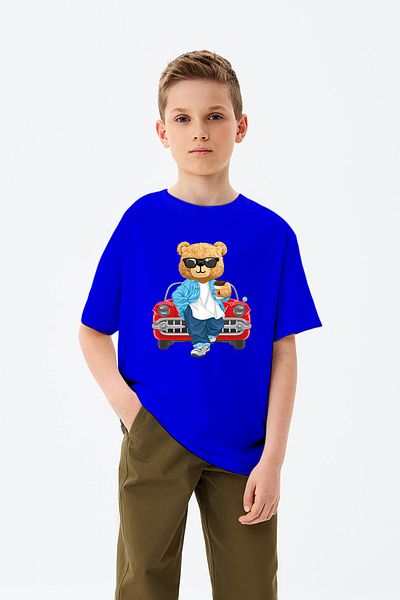ADABEBEK Car Detailed Coffee Drinking Glasses Teddy Bear Printed Boys' T-Shirt