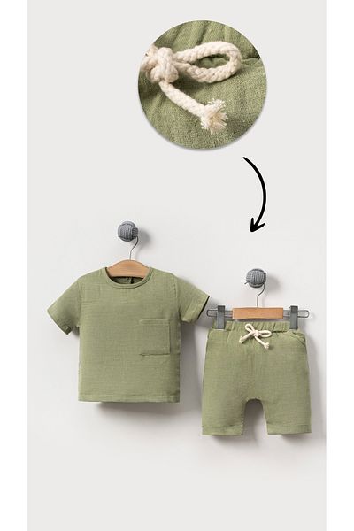 Bubito Unisex Baby&Child 100% Cotton Muslin Pocket Top and Bottom Shorts Set-Green