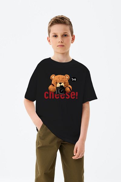 ADABEBEK Say Cheese Written Toy Teddy Bear Printed Boys' T-Shirt